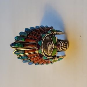 Handmade Biker Skull/chief Ring 925 Sterling Silver Blue Opal Turquoise Coral …